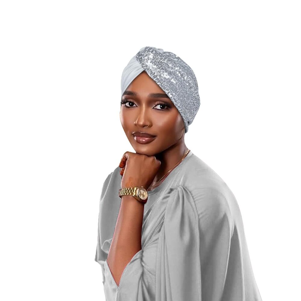 4177 Sequined Turban Head Wrap, Gold Glitter Evening Headpiece, Stretch